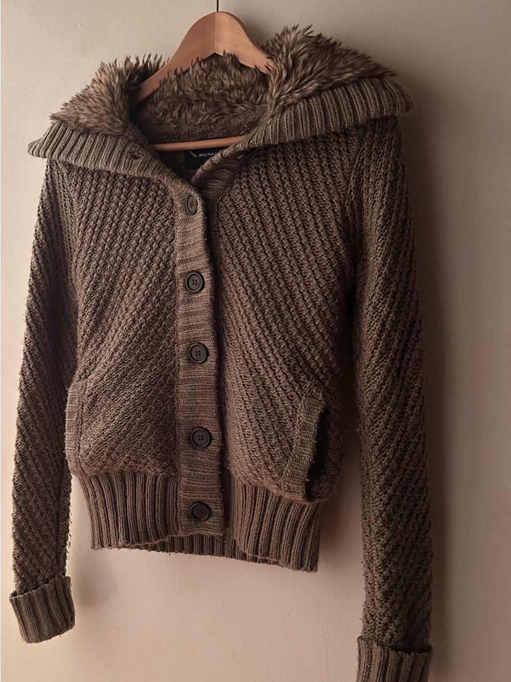 Y2K Renuar Olive Grey Faux-Fur button Knit Cardigan